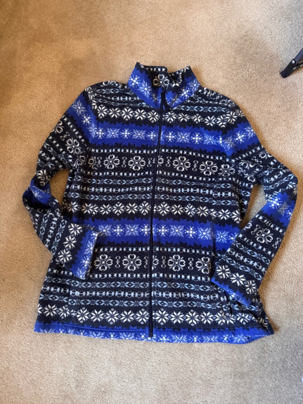 Basic Editions Blue and Black Patterned Zip-Up Fleece Jacket
